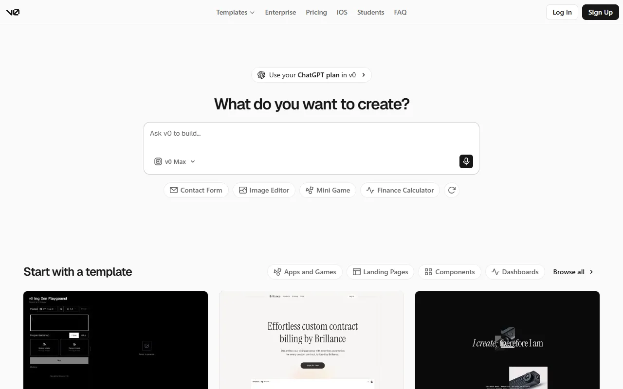 v0 by Vercel website screenshot
