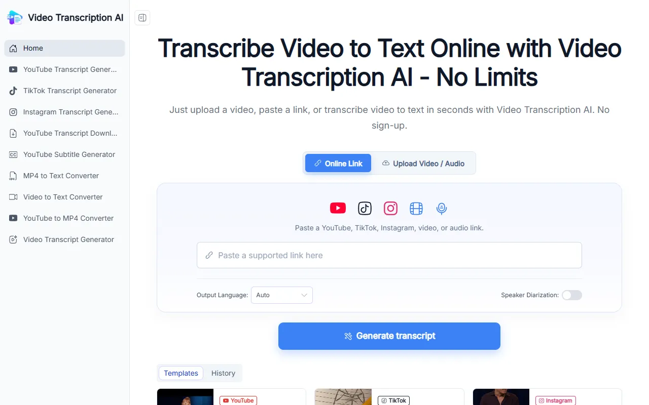 Video Transcription AI website screenshot