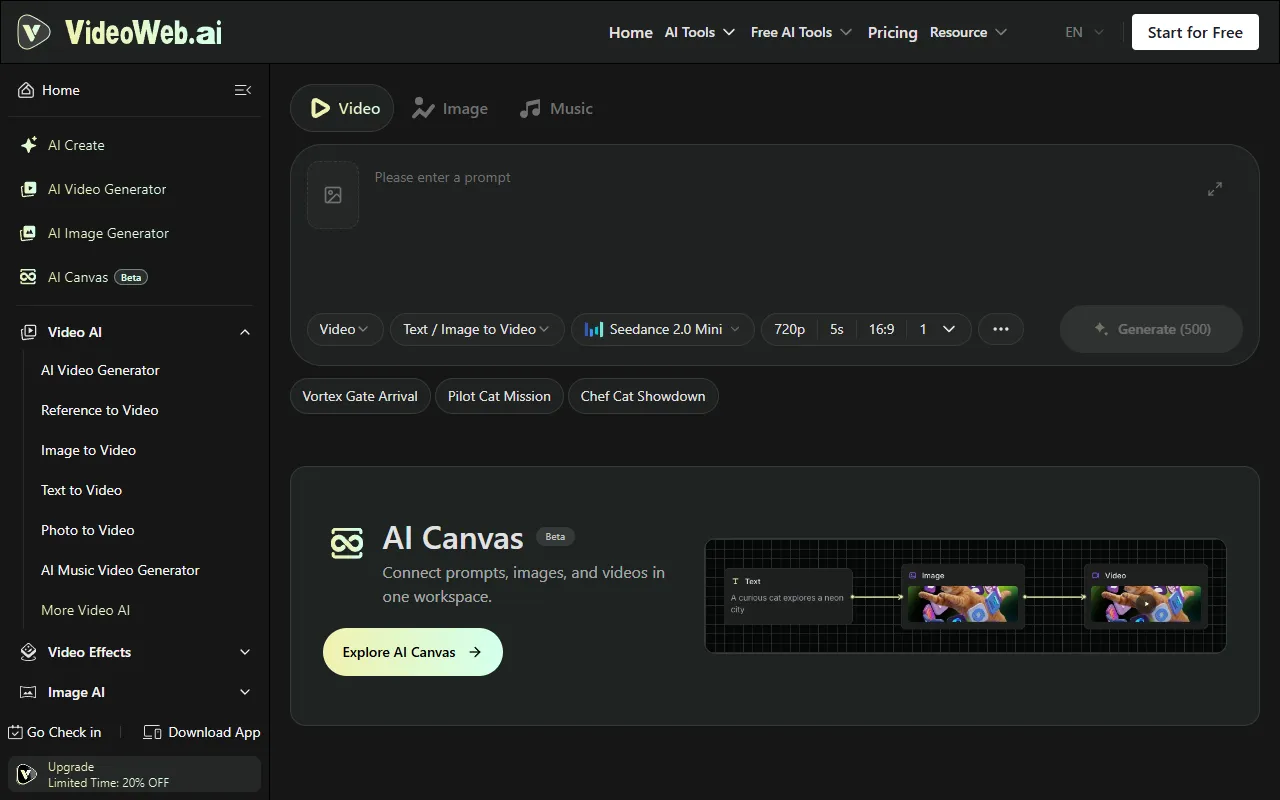 VideoWeb AI website screenshot