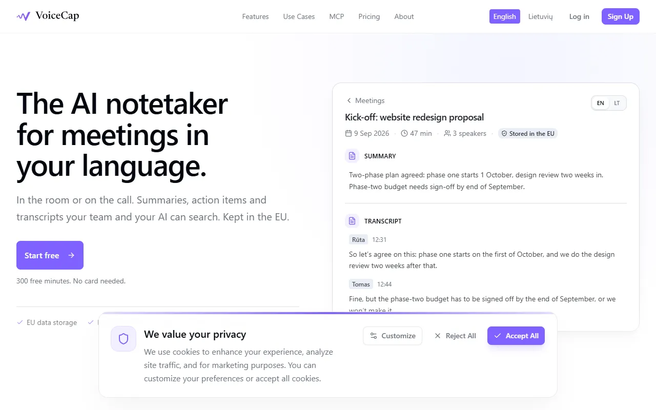 VoiceCap website screenshot