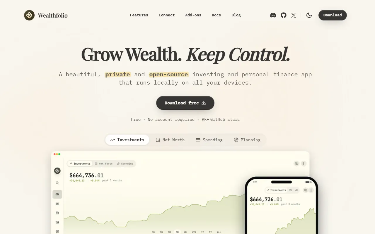 Wealthfolio website screenshot