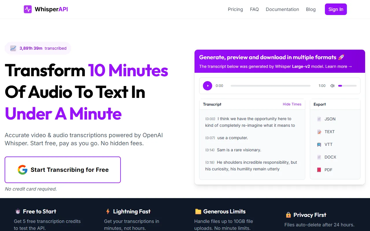 Whisper API website screenshot