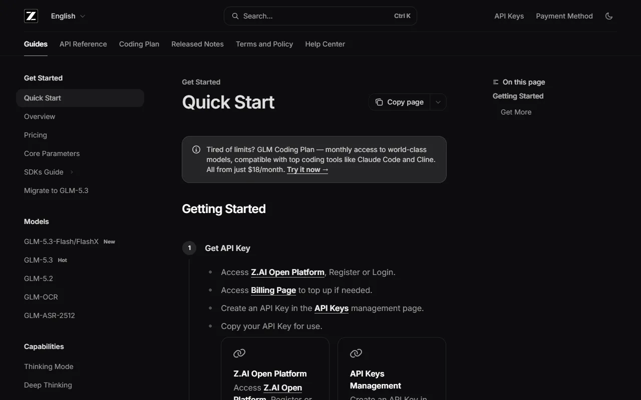 Z.AI Developer Platform website screenshot