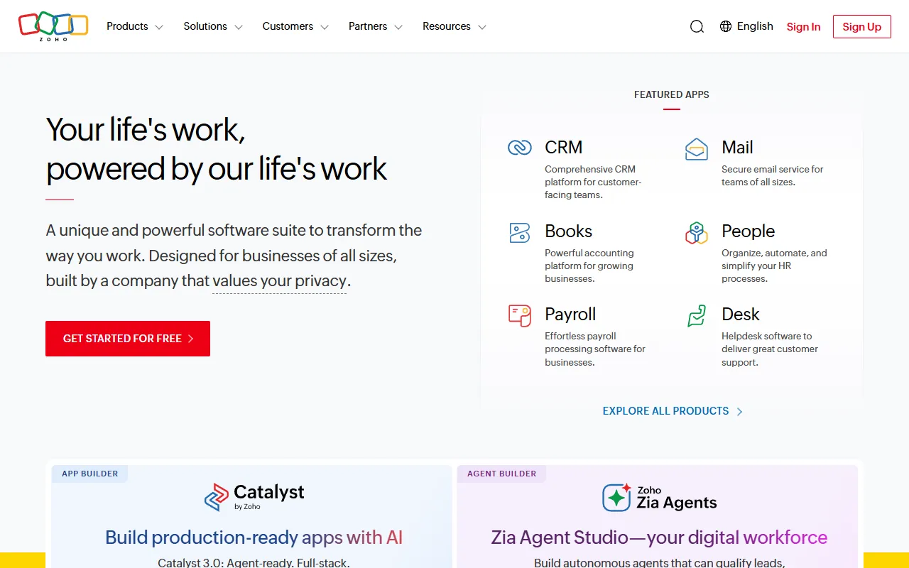 Zoho CRM (Zia) website screenshot